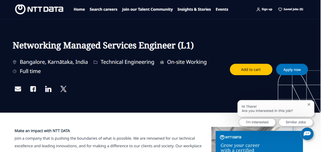 NTT Data Recruitment Drive; Hiring Networking Managed Services Engineer