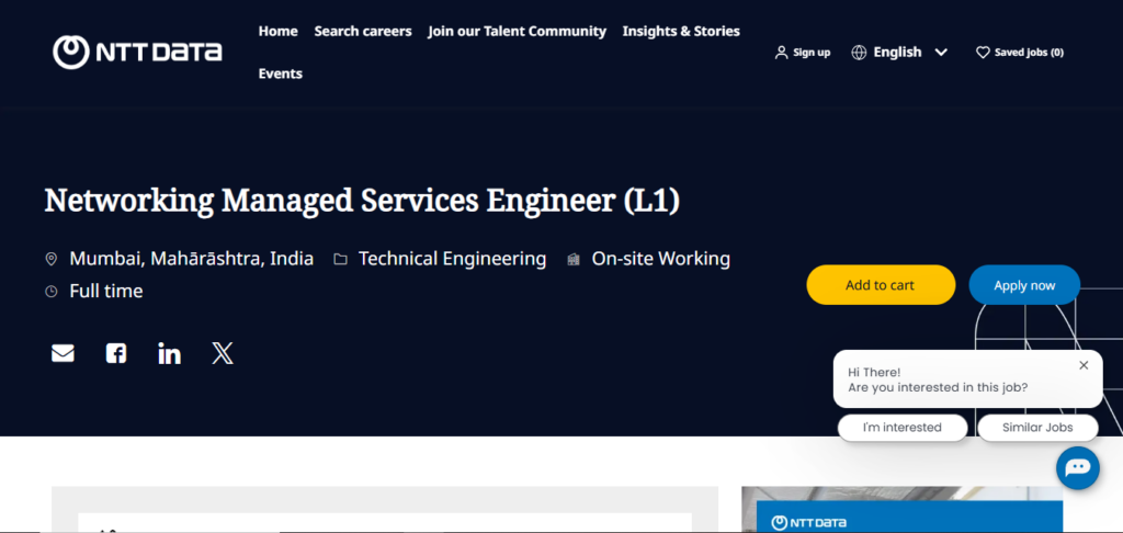 NTT Data Recruitment Drive; Hiring Networking Managed Services Engineer (L1)