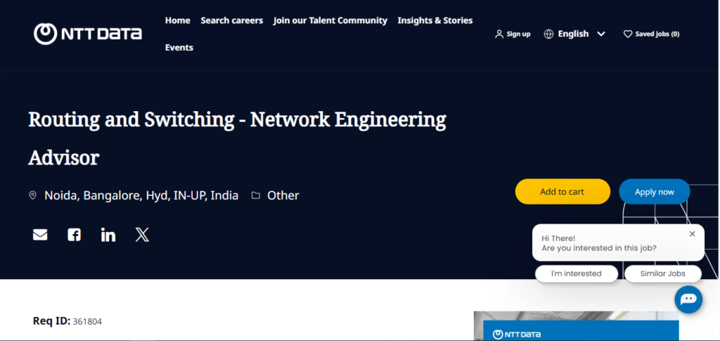 NTT Data Recruitment Drive; Hiring Network Engineering Advisor