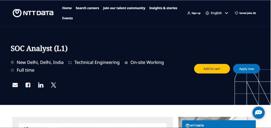 NTT Data Recruitment Drive; Hiring SOC Analyst (L1)