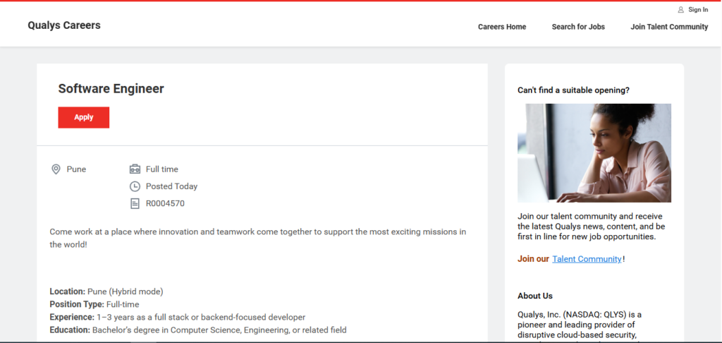 Qualys Recruitment Drive; Hiring Software Engineer