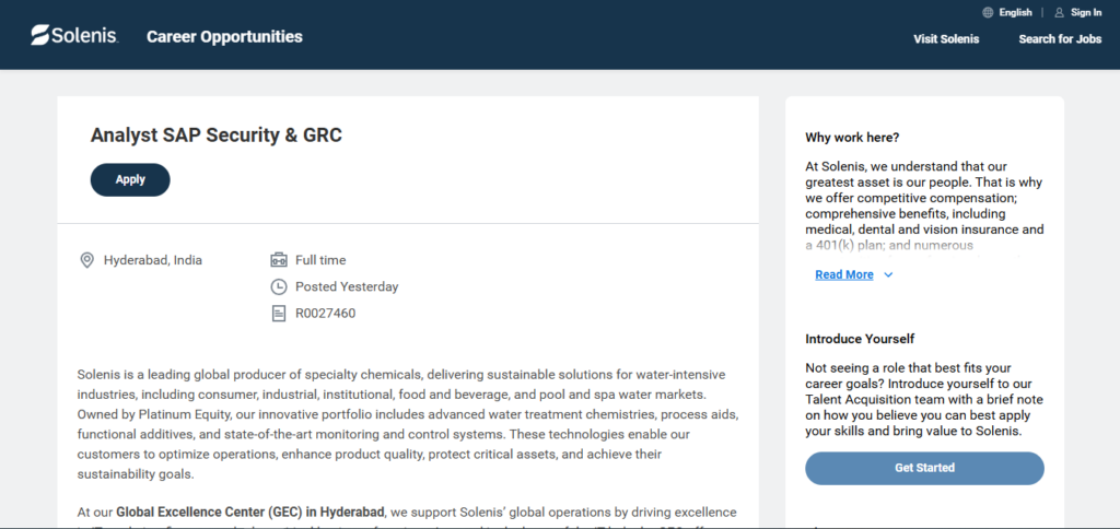 Solenis Recruitment Drive; Hiring Analyst SAP Security & GRC