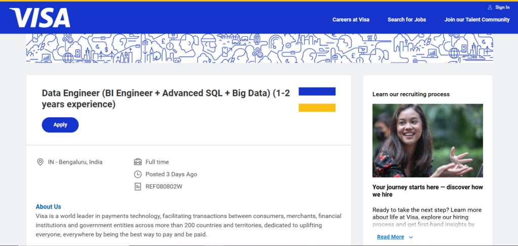 Visa Recruitment Drive; Hiring Data Engineer