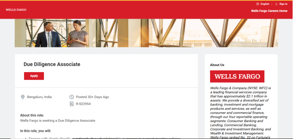 Wells Fargo Recruitment Drive; Hiring Due Diligence Associate