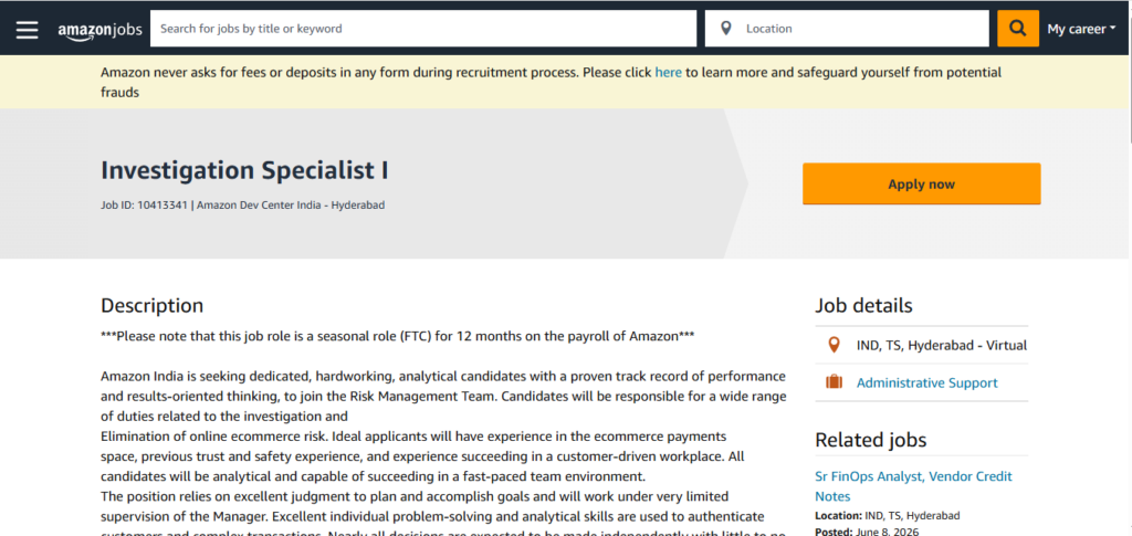 Amazon Work from Home Jobs; Hiring Investigation Specialist I