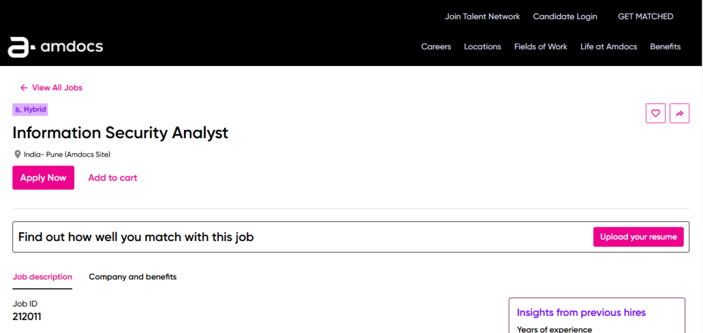 Amdocs Recruitment Drive; Hiring Information Security Analyst