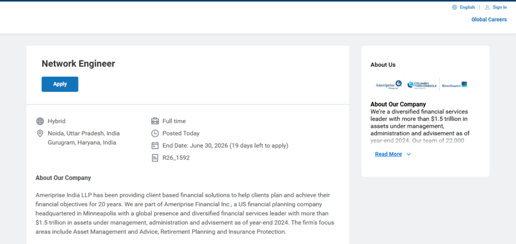 Ameriprise Recruitment Drive; Hiring Network Engineer