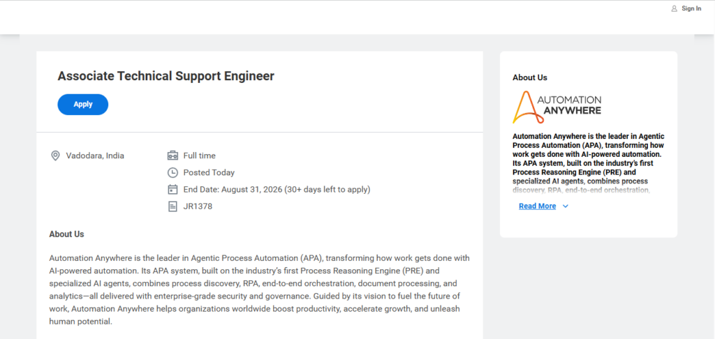 Automation Anywhere Recruitment Drive; Hiring Associate Technical Support Engineer