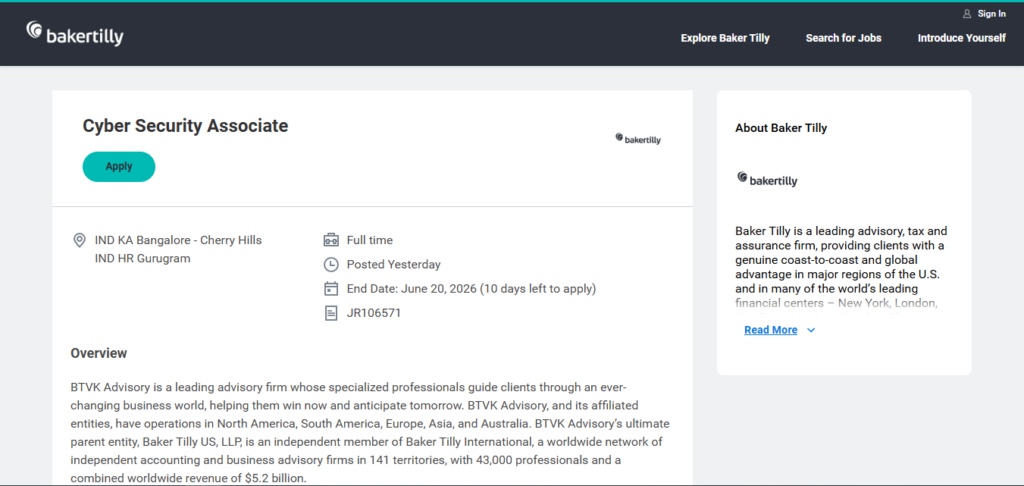 Baker Tilly Recruitment Drive; Hiring Cyber Security Associate