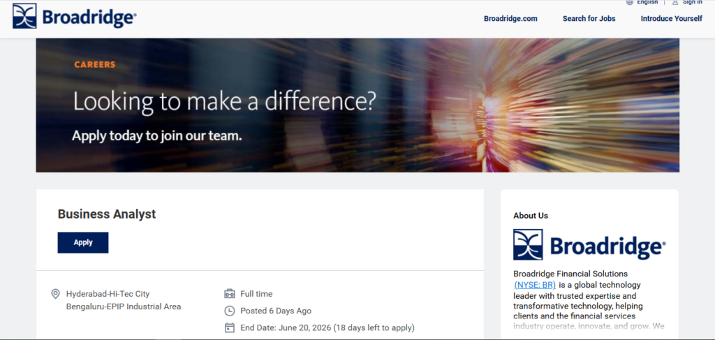 Broadridge Recruitment Drive; Hiring Business Analyst 