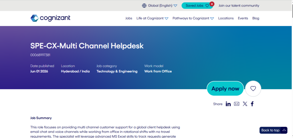 Cognizant Recruitment Drive; Hiring Helpdesk