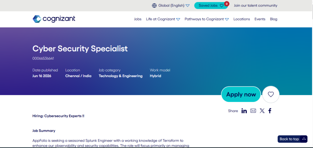 Cognizant Recruitment Drive; Hiring Cyber Security Specialist