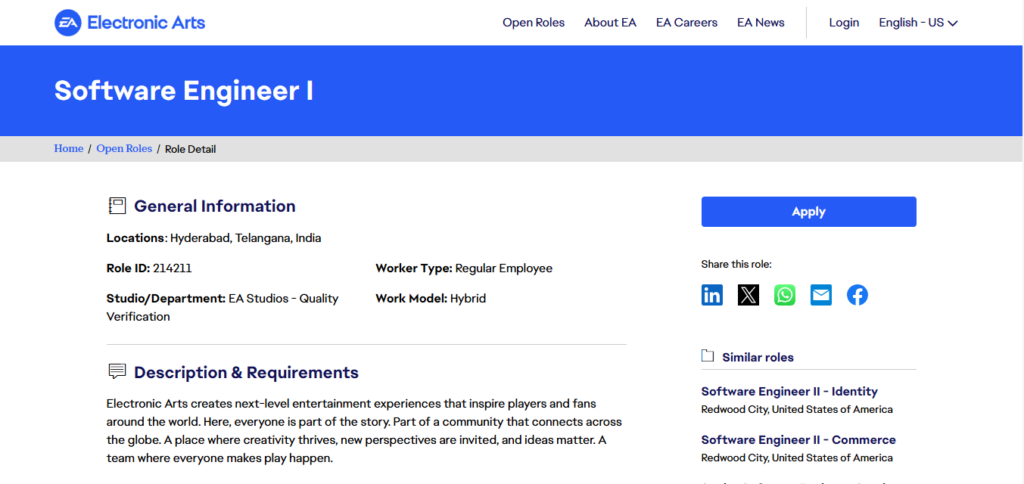 Electronic Arts Recruitment Drive; Hiring Software Engineer I 