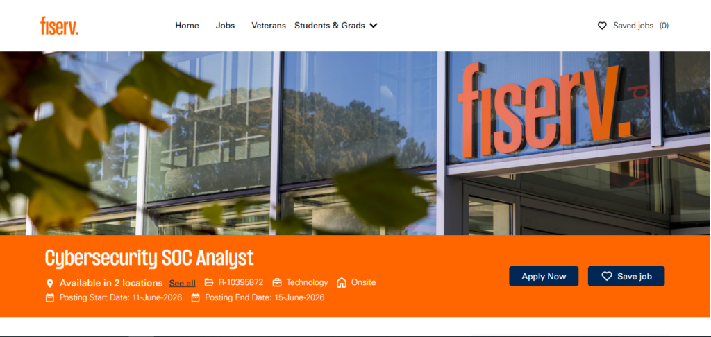 Fiserv Recruitment Drive; Hiring Cybersecurity SOC Analyst