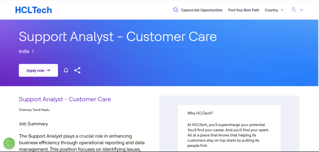 HclTech Recruitment Drive; Hiring Support Analyst