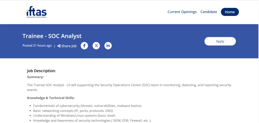Iftas Recruitment Drive; Hiring SOC Analyst Trainee