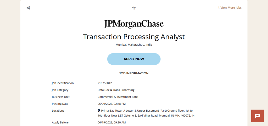 JPMorgan & Chase Recruitment Drive; Hiring Transaction Processing Analyst 