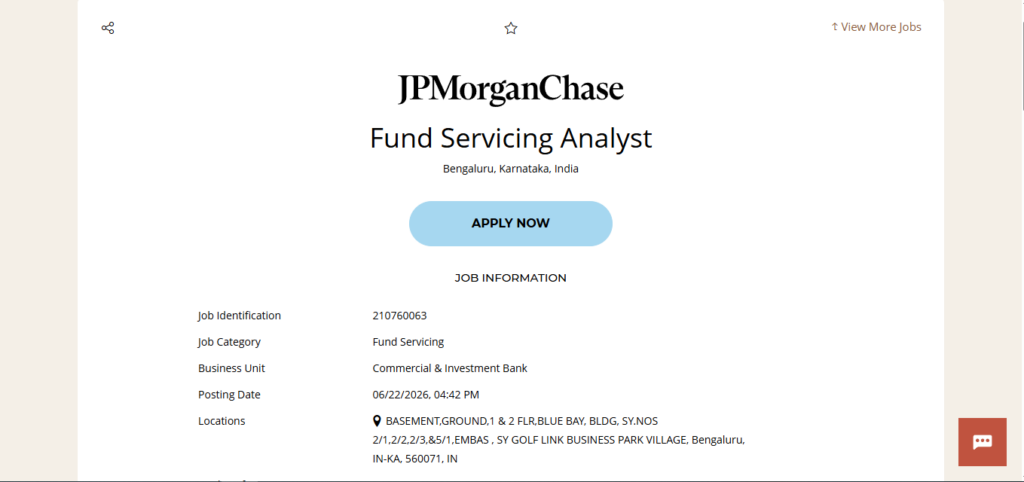 JPMorgan & Chase Recruitment Drive; Hiring Fund Servicing Analyst