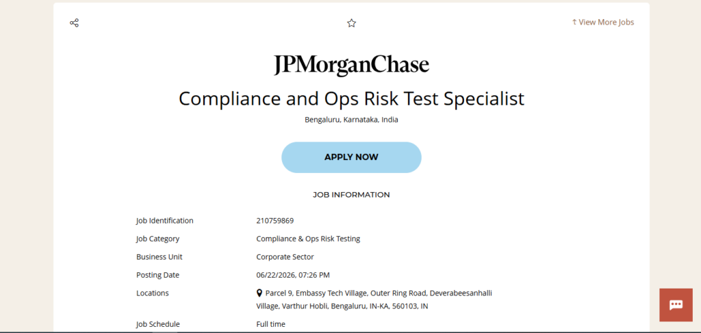 JPMorgan & Chase Recruitment Drive; Hiring Compliance and Ops Risk Test Specialist 