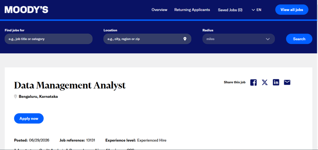 Moodys Recruitment Drive; Hiring Data Management Analyst