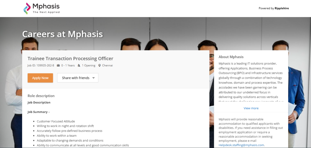 Mphasis Recruitment Drive; Hiring Trainee Transaction Processing Officer