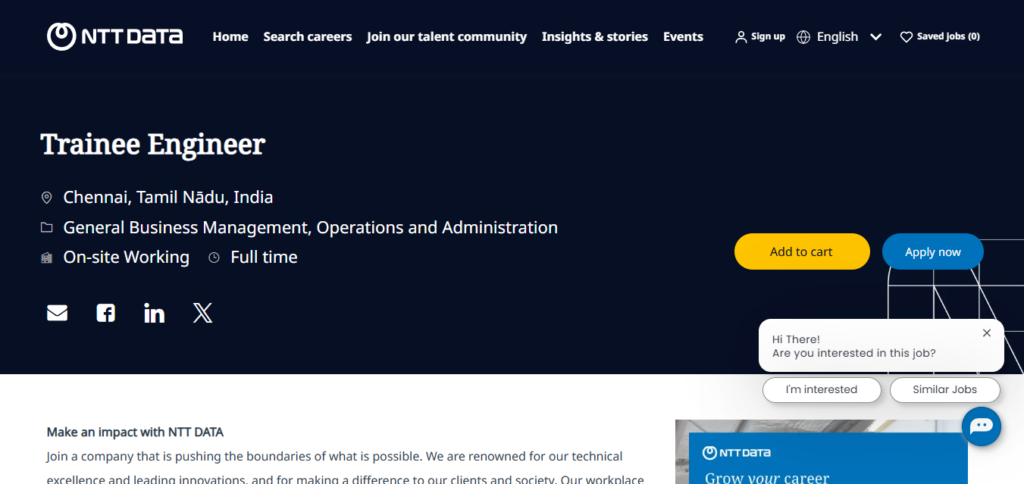 NTT Data Recruitment Drive; Hiring Trainee Engineer