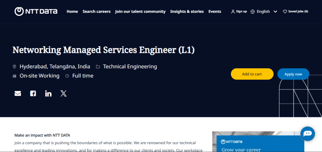NTT Data Recruitment Drive; Hiring Networking Managed Services Engineer (L1)