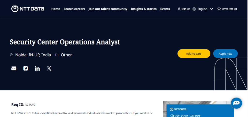 NTT Data Recruitment Drive; Hiring SOC Analyst