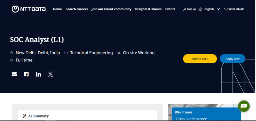 NTT Data Recruitment Drive; Hiring SOC Analyst (L1)