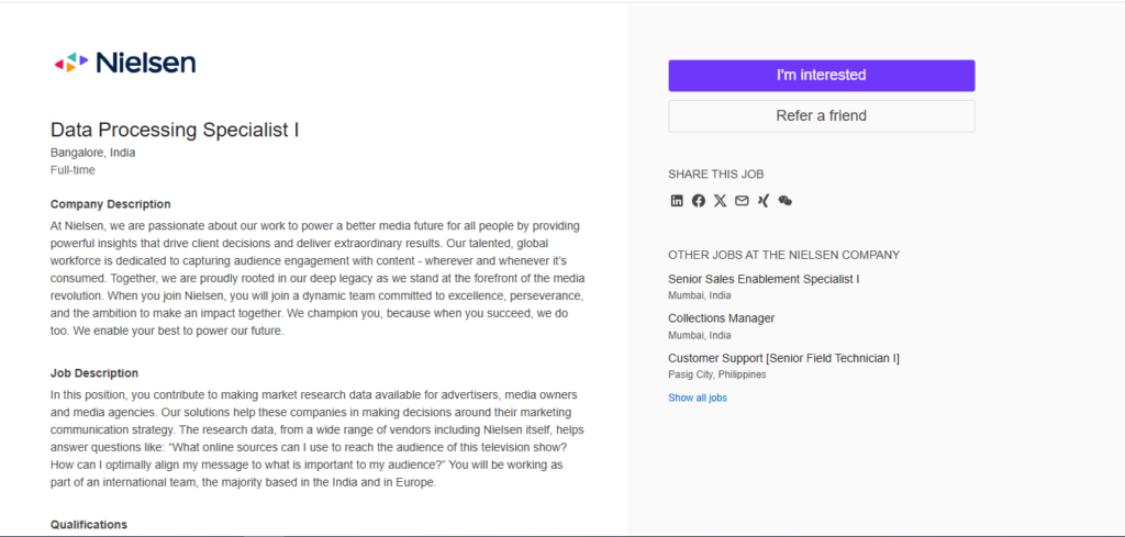 Nielsen Recruitment Drive; Hiring Data Processing Specialist I 