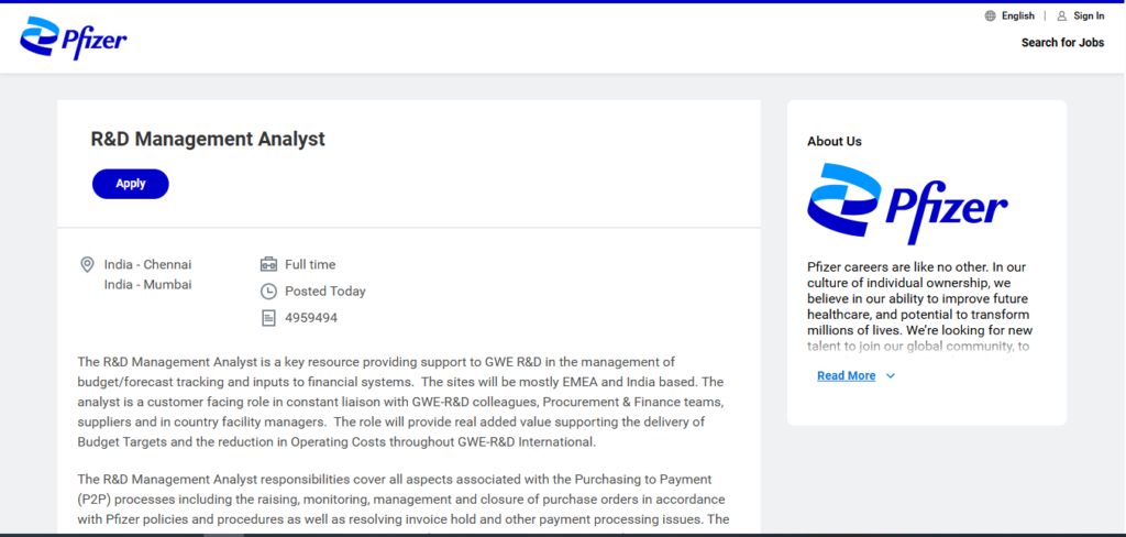Pfizer Recruitment Drive; Hiring R&D Management Analyst