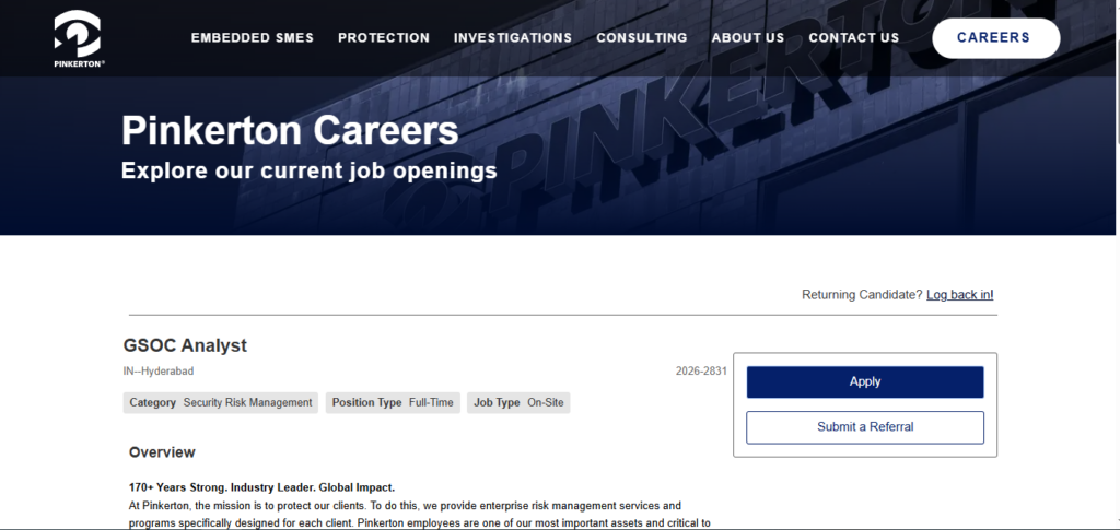 Pinkerton Recruitment Drive; Hiring GSOC Analyst