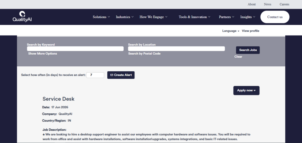 Qualitest Recruitment Drive; Hiring Service Desk