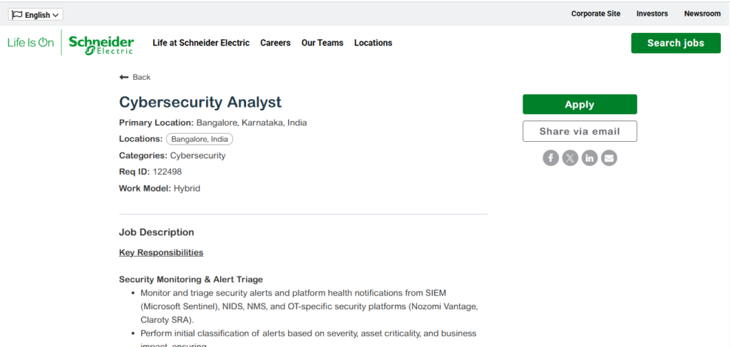 Schneider Electric Recruitment Drive; Hiring Cybersecurity Analyst