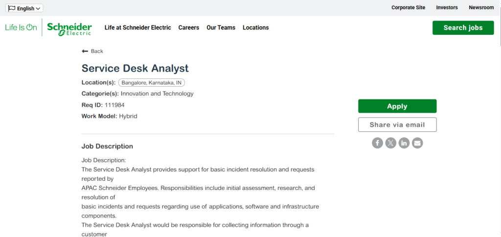 Schneider Electric Recruitment Drive; Hiring Service Desk Analyst