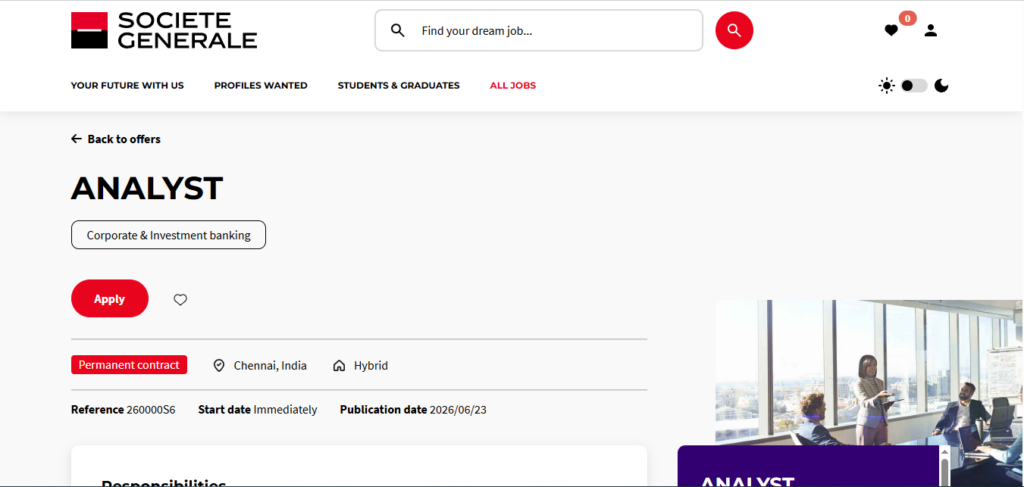 Societe Generale Recruitment Drive; Hiring Analyst