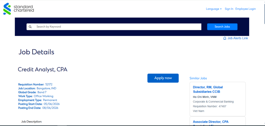 Standard Chartered Recruitment Drive; Hiring Credit Analyst