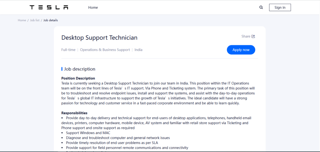Tesla Recruitment Drive; Hiring Desktop Support Technician