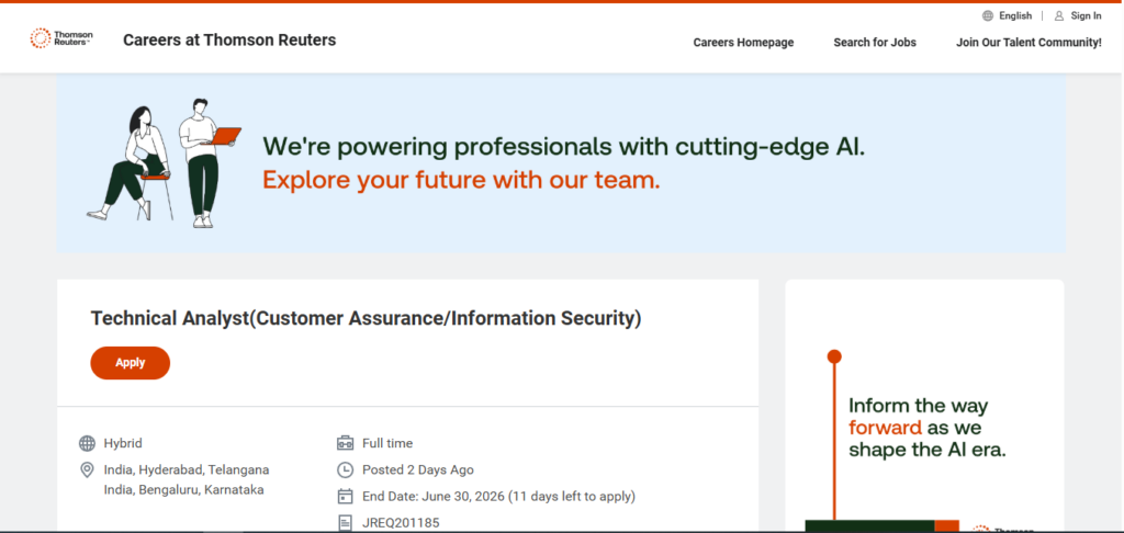 Thomson Reuters Recruitment Drive; Hiring Technical Analyst