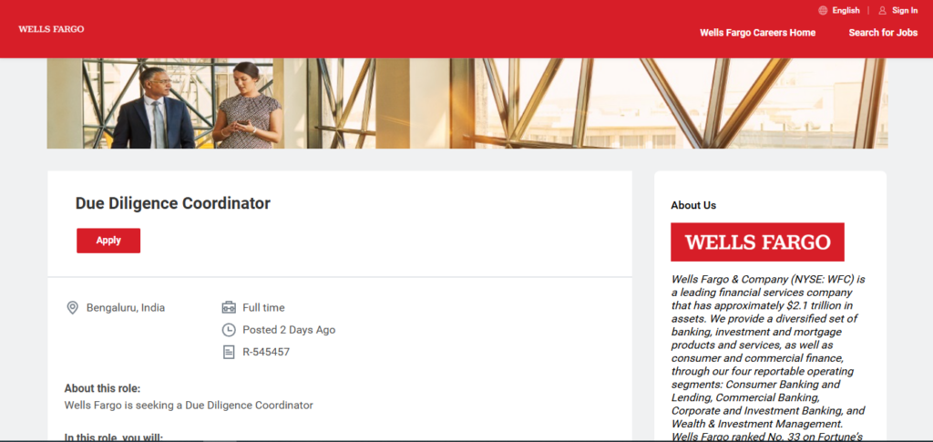 Wells Fargo Recruitment Drive; Hiring Due Diligence Coordinator