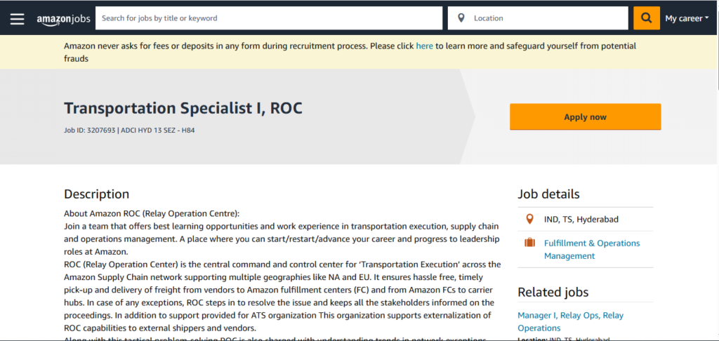 Amazon Recruitment Drive; Hiring Transportation Specialist I