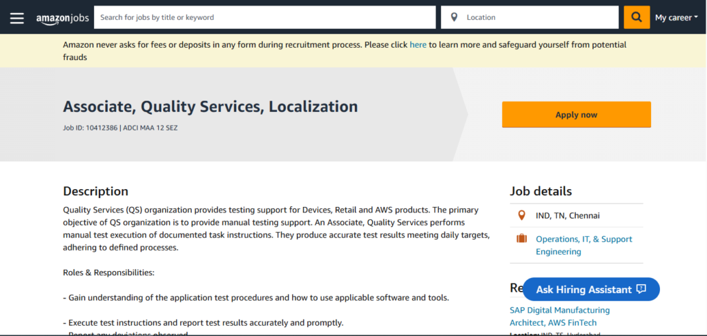 Amazon Recruitment Drive; Hiring Associate