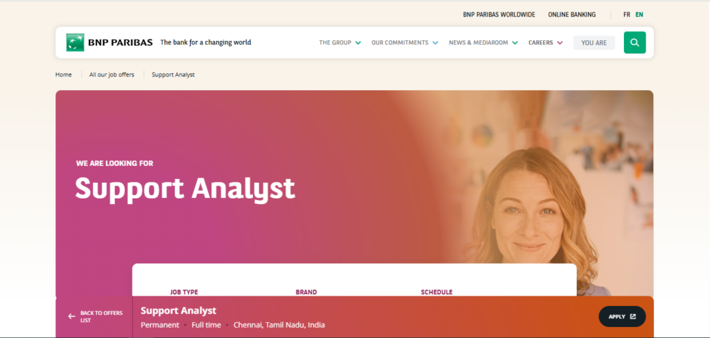 BNP Paribas Recruitment Drive; Hiring Support Analyst
