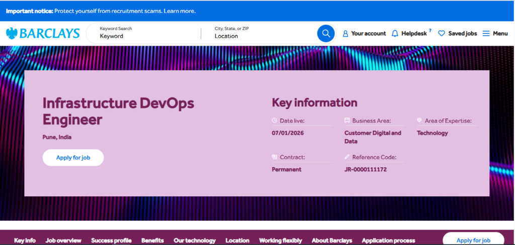 Barclays Recruitment Drive; Hiring Infrastructure DevOps Engineer