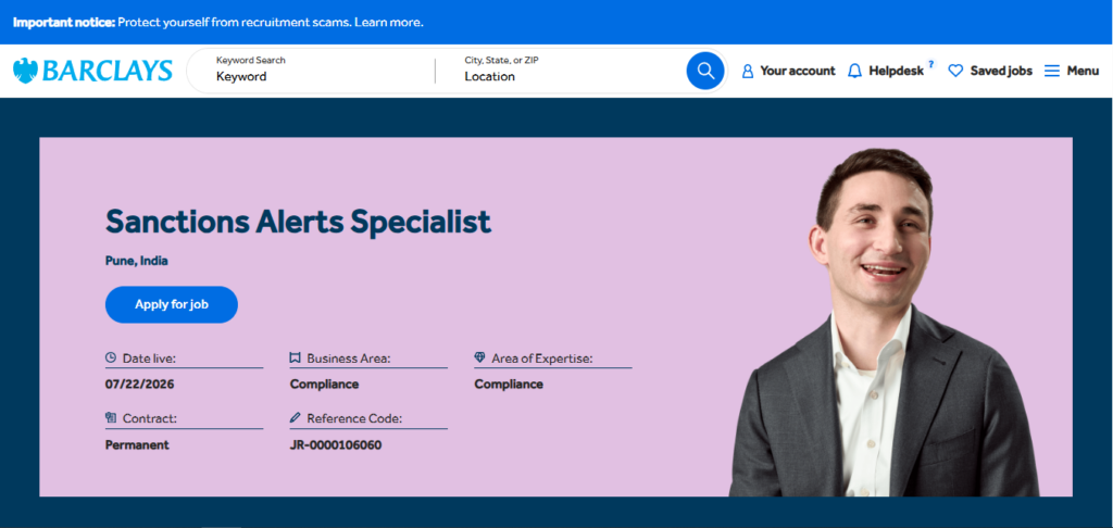 Barclays Recruitment Drive; Hiring Sanctions Alerts Specialist