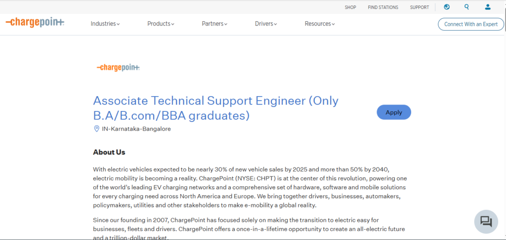 Chargepoint Recruitment Drive; Hiring Associate Technical Support Engineer