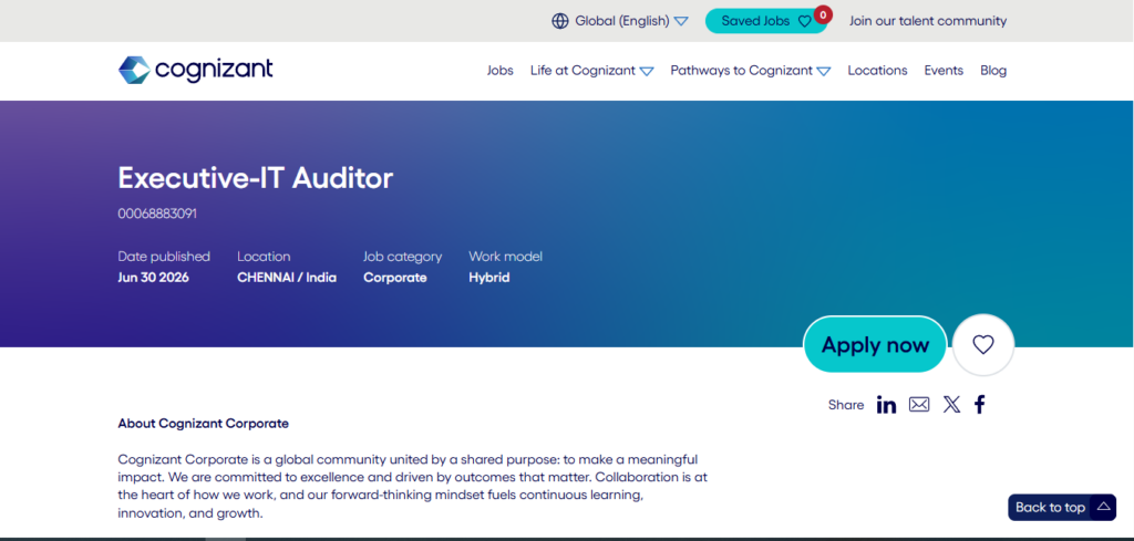 Cognizant Recruitment Drive; Hiring Executive (IT Auditor)