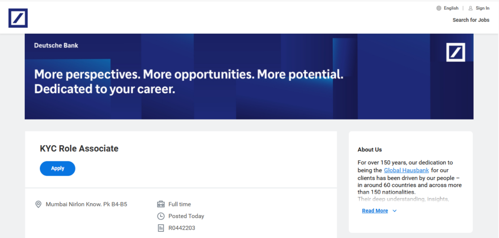 Deutsche Bank Recruitment Drive; Hiring KYC Role Associate