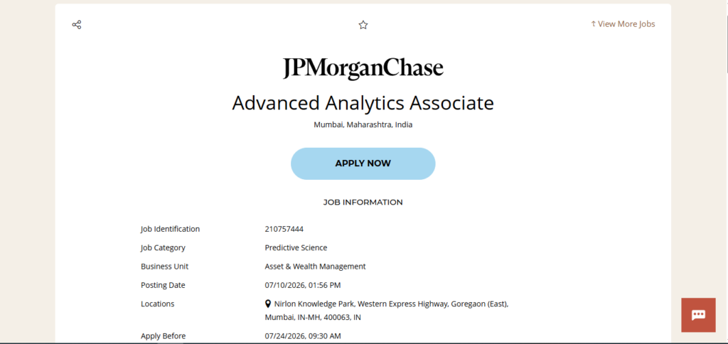 JPMorgan & Chase Recruitment Drive; Hiring Advanced Analytics Associate