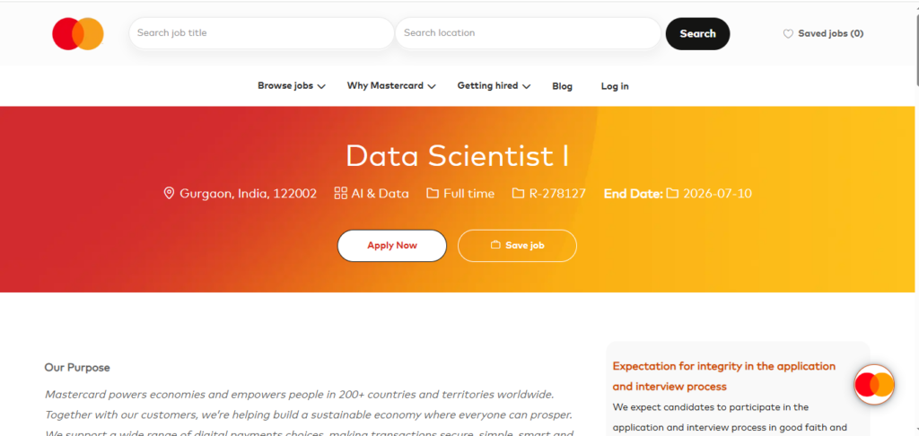 Mastercard Recruitment Drive; Hiring Data Scientist I